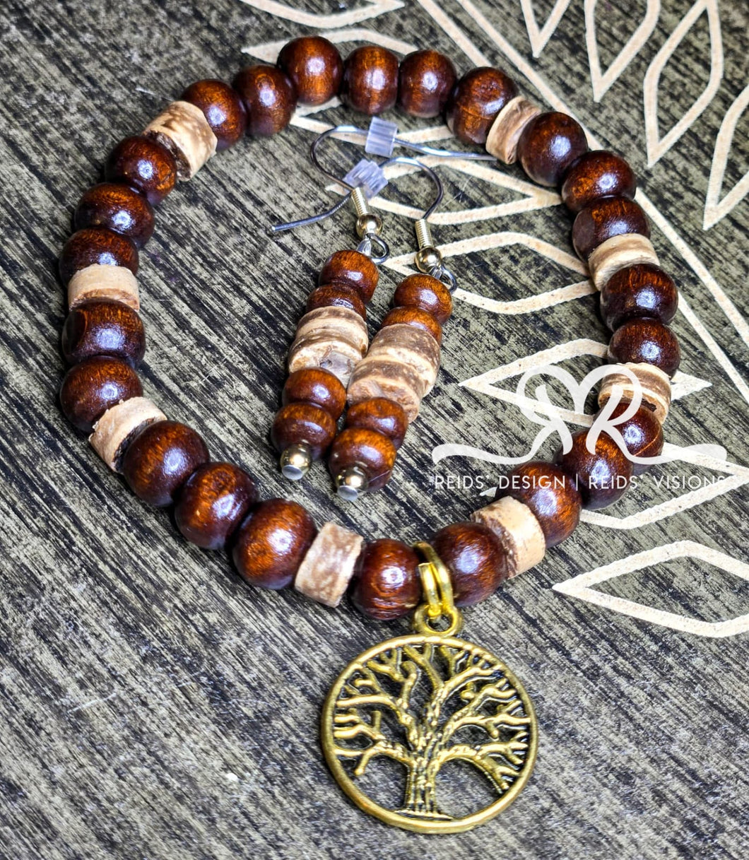 Tree of Life Wood and Heshi 7.5 Bracelet with Earrings