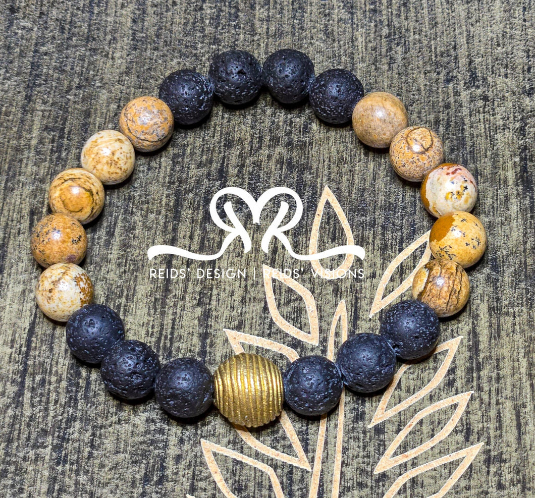 New 10mm Picture Jasper, Lava Beaded Bracelet with African Brass Bead ( size 8.5