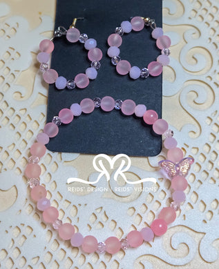 Pink Glass Bead Hoop Earrings and Bracelet with Butterfly 🦋