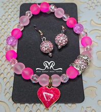 Load image into Gallery viewer, ❤️&quot; Pink blend Rhinestone Crystal 10mm and Glass 8mm Beaded Bracelet with Stainless Steel Heart Earrings set ( size 7.5&quot;)