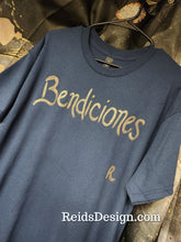Load image into Gallery viewer, New Bendiciones Navy and Bronze Tee. Men Large / Women XL. Bendiciones is Blessings in Spanish.