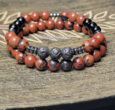 8mm Mahogany and  Black Obsidian stone with Lava and Hematite ( size 8.5