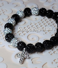 Load image into Gallery viewer, Black &amp; Silver Rhinestone Crystal 10mm Beaded Bracelet with rhinestone cross ( size 7.5&quot;)