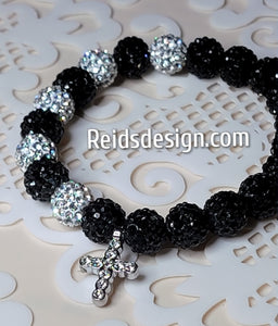 Black & Silver Rhinestone Crystal 10mm Beaded Bracelet with rhinestone cross ( size 7.5")