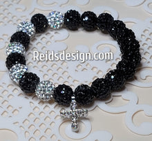 Load image into Gallery viewer, Black &amp; Silver Rhinestone Crystal 10mm Beaded Bracelet with rhinestone cross ( size 7.5&quot;)