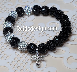 Black & Silver Rhinestone Crystal 10mm Beaded Bracelet with rhinestone cross ( size 7.5")