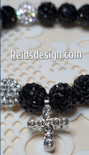 Load image into Gallery viewer, Black &amp; Silver Rhinestone Crystal 10mm Beaded Bracelet with rhinestone cross ( size 7.5&quot;)