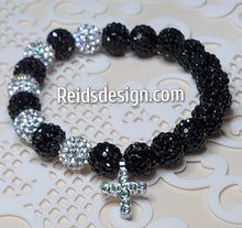 Load image into Gallery viewer, Black &amp; Silver Rhinestone Crystal 10mm Beaded Bracelet with rhinestone cross ( size 7.5&quot;)