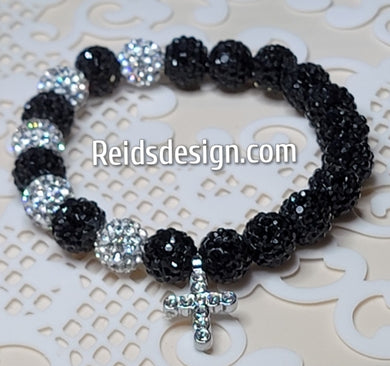 Black & Silver Rhinestone Crystal 10mm Beaded Bracelet with rhinestone cross ( size 7.5