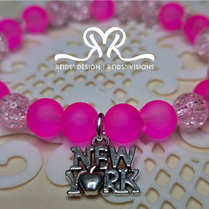 "NEW York" 8mm Pink Frosted Glass Beads and Crackle Glass Beads( size 7.5")