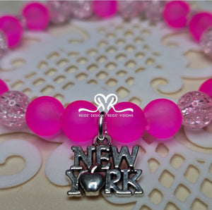 "NEW York" 8mm Pink Frosted Glass Beads and Crackle Glass Beads( size 7.5")