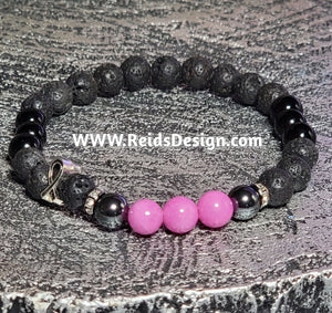 Mens Breast Cancer Awareness Lava, Hematite and Pink Gem Stone Bracelet.. Unisex size 8.5"