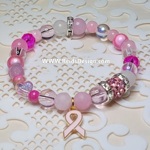 Mixed Gemstone and Glass Beaded Bracelet with Breast Cancer Awareness Ribbon Size 7.5")