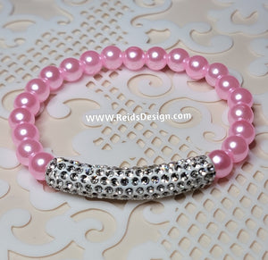 Pink Glass Pearls Rinecstone bar Bracelet  ... size 7.5"