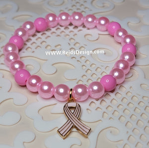 Breast Cancer Awareness Glass & Acrylic Bead Bracelet  ( size 7.5")