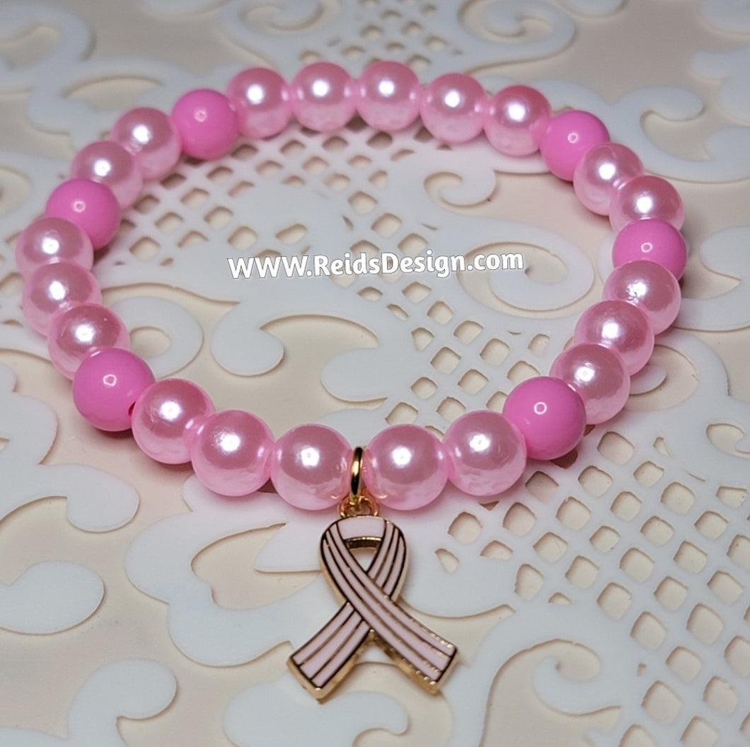 Breast Cancer Awareness Glass & Acrylic Bead Bracelet  ( size 7.5