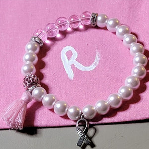Painted Tote Bag and Handmade Bracelet (size 7.5 inches) for Breast Cancer Awareness Month.