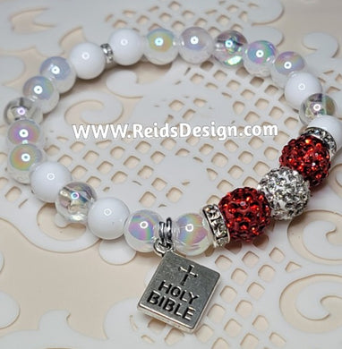 White mix beaded BIBLE charm Bracelet... size 7