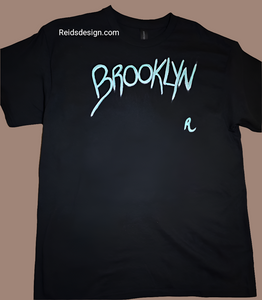 BROOKLYN" Hand Painted Black with Mint Green and White T-Shirt by Reids' Design Men Large / Women XL