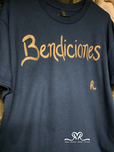 Load image into Gallery viewer, New Bendiciones Navy and Bronze Tee. Men Large / Women XL. Bendiciones is Blessings in Spanish.