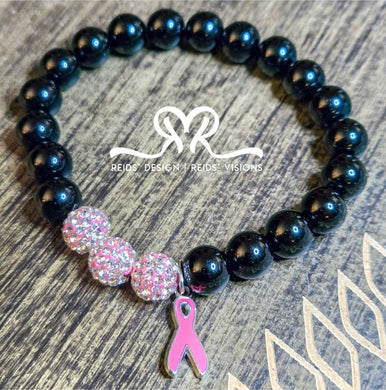Unisex Breast Cancer Awareness Black Glass and Rinestone 10 mm Beaded Bracelet size 8.5