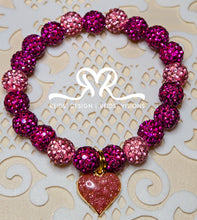Load image into Gallery viewer, "❤️" Pink blend Rhinestone Crystal 10mm Beaded Bracelet with Stainless Steel Heart and earrings set ( size 7.5")