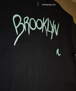 BROOKLYN" Hand Painted Black with Mint Green and White T-Shirt by Reids' Design Men Large / Women XL