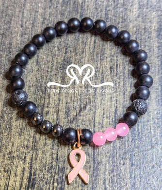 Unisex Hope Breast Cancer Awareness  Acrylic, Glass and Hemitie Black and Pink 8mm Beaded Bracelet size 8.5
