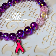 Load image into Gallery viewer, Mixed Gemstone Acrylic and Glass Beaded Bracelet with Breast Cancer Awareness Ribbon Size 7.5")