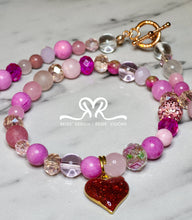 Load image into Gallery viewer, Mixed Jems, Mountain Jade, Agate and Glass Beaded "❤️" Bracelet ( size 7.5") and Necklace (Size 15") set Designed for Breast Cancer Awareness Month