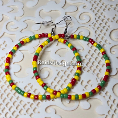 New... Large Sea Beads Red, Yellow and Green Hoop Earrings