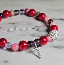 Load image into Gallery viewer, New 8mm Glass Pearls and 6mm gem stone Bracelet with a cross ( size 7.5")