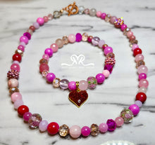 Load image into Gallery viewer, Mixed Jems, Mountain Jade, Agate and Glass Beaded "❤️" Bracelet ( size 7.5") and Necklace (Size 15") set Designed for Breast Cancer Awareness Month
