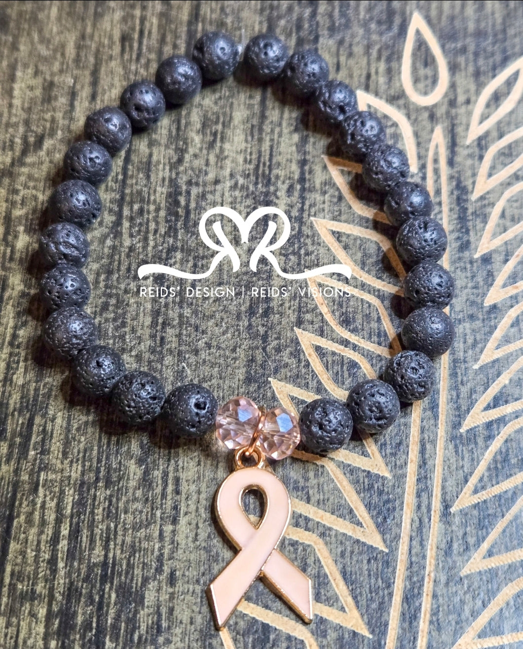 Unisex Breast Cancer Awareness   Black Lava 8mm Beaded  Bracelet size 8.5