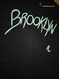 BROOKLYN" Hand Painted Black with Mint Green and White T-Shirt by Reids' Design Men Large / Women XL