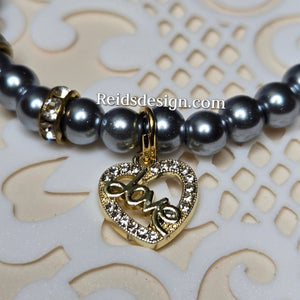 ♥️ New... Platinum 6mm Glass Bead Bracelet with Love Heart ( 7.5 inches)