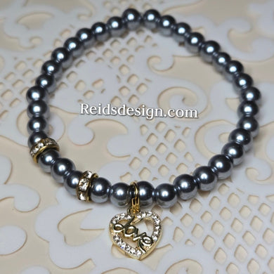 ♥️ New... Platinum 6mm Glass Bead Bracelet with Love Heart ( 7.5 inches)