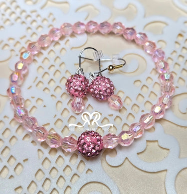Pink Rhinestone Crystal with 6mm pink Glass Beaded Bracelet and earrings set ( size 7.5