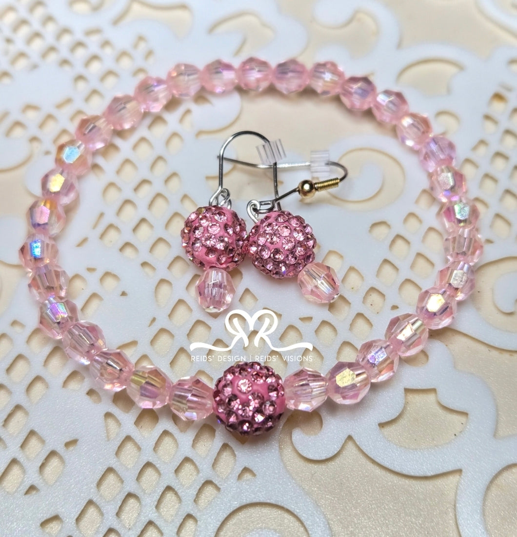Pink Rhinestone Crystal with 6mm pink Glass Beaded Bracelet and earrings set ( size 7.5