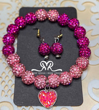 Load image into Gallery viewer, &quot;❤️&quot; Pink blend Rhinestone Crystal 10mm Beaded Bracelet with Stainless Steel Heart and earrings set ( size 7.5&quot;)