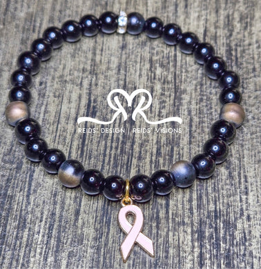 Unisex Breast Cancer Awareness  8mm Black Glass Beaded Bracelet size 8.5
