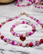Load image into Gallery viewer, Mixed Jems, Mountain Jade, Agate and Glass Beaded "❤️" Bracelet ( size 7.5") and Necklace (Size 15") set Designed for Breast Cancer Awareness Month