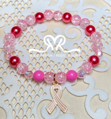 Pink Breast Cancer Awareness 8mm Glass, Acrylic and Glass Beaded Bracelet ( size 7.5