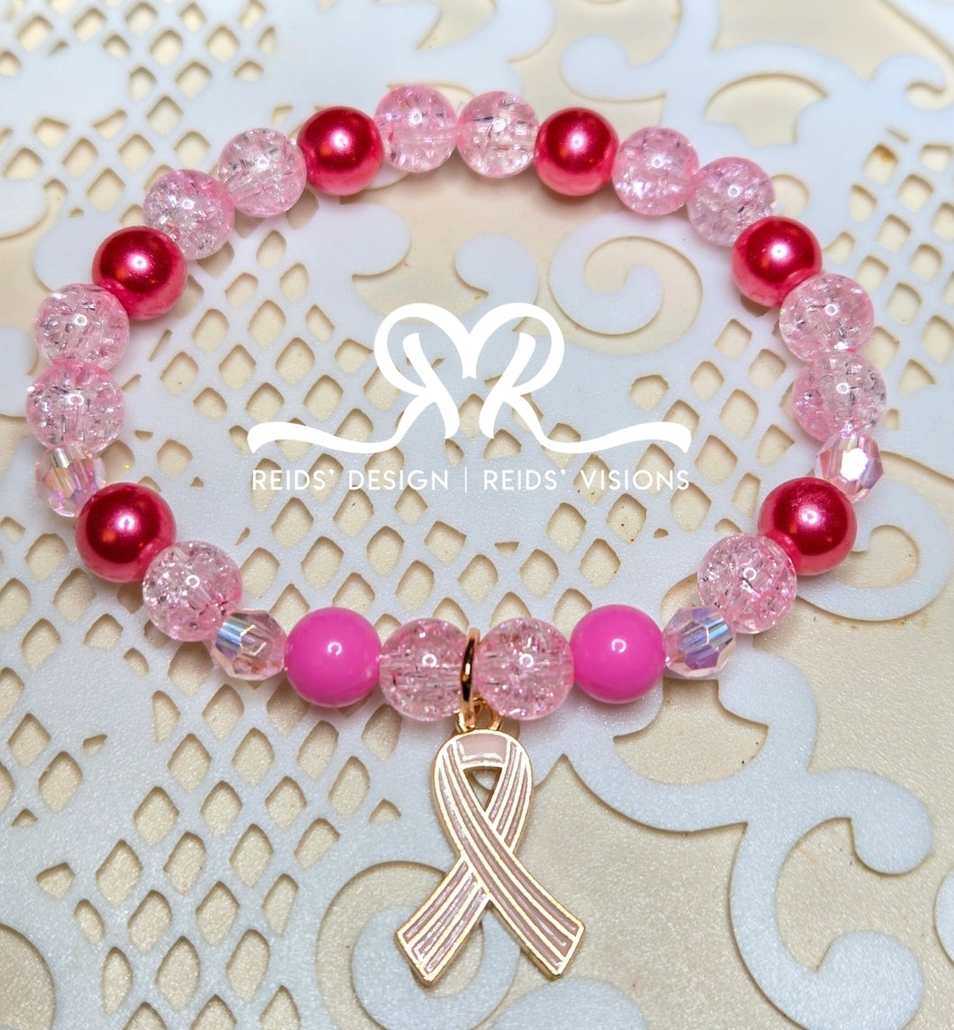 Pink Breast Cancer Awareness 8mm Glass, Acrylic and Glass Beaded Bracelet ( size 7.5