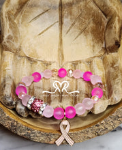 Load image into Gallery viewer, Mixed Gemstone Acrylic and Glass Beaded Bracelet with Breast Cancer Awareness Angel Ribbon (Size 7.5")