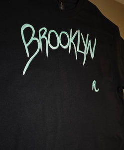 BROOKLYN" Hand Painted Black with Mint Green and White T-Shirt by Reids' Design Men Large / Women XL