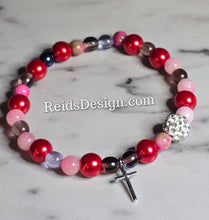 Load image into Gallery viewer, New 8mm Glass Pearls and 6mm gem stone Bracelet with a cross ( size 7.5")