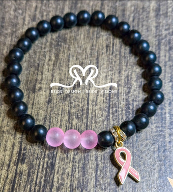 Unisex Hope Breast Cancer Awareness  Acrylic & Glass Black and Pink 8mm Beaded Bracelet size 8.5