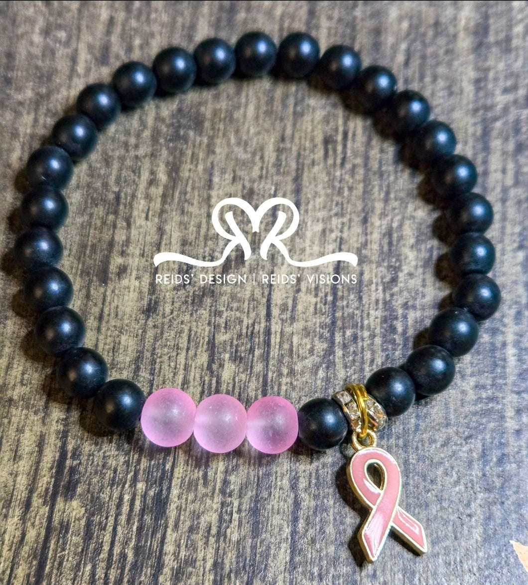 Unisex Hope Breast Cancer Awareness  Acrylic & Glass Black and Pink 8mm Beaded Bracelet size 8.5