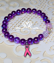 Load image into Gallery viewer, Mixed Gemstone Acrylic and Glass Beaded Bracelet with Breast Cancer Awareness Ribbon Size 7.5")